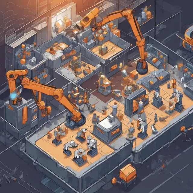 Robots assemble a digital jigsaw puzzle, symbolizing the transition of wire room functions to automated systems