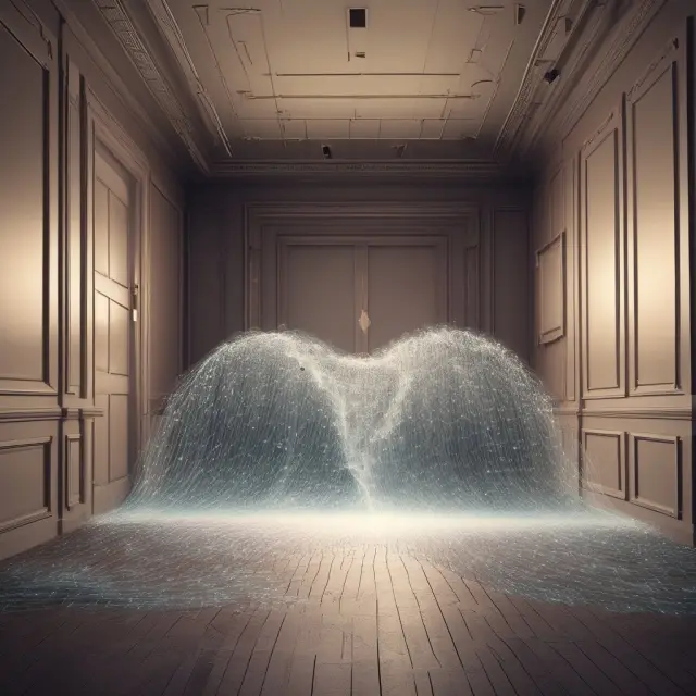 A digital wave engulfs a traditional wire room, representing the integration of technology in modern banking.