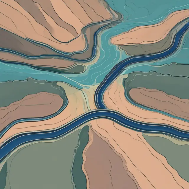 A pair of rivers flowing in opposite directions: one swift and shallow (domestic), the other winding and deep (international)