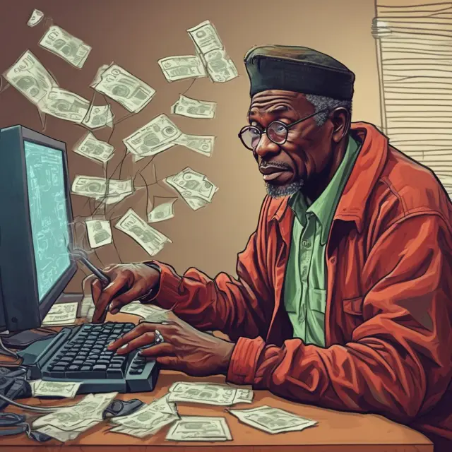 A Nigerian prince scammer on the computer, attempting to defraud a victim through wire transfers.