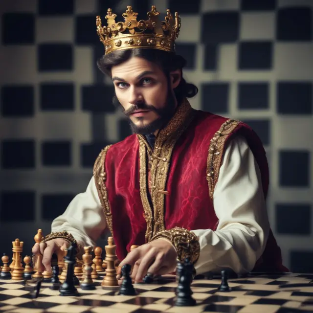 A cunning fraudster in the guise of a prince manipulating pieces on a chessboard, symbolizing various wire fraud tactics