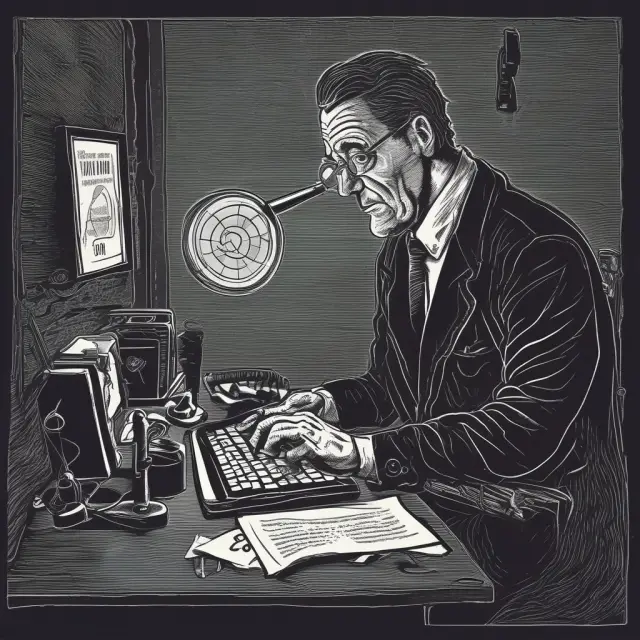 A focused guardian wielding a magnifying glass over emails and phones, shielding institutional investors from wire fraud threats.