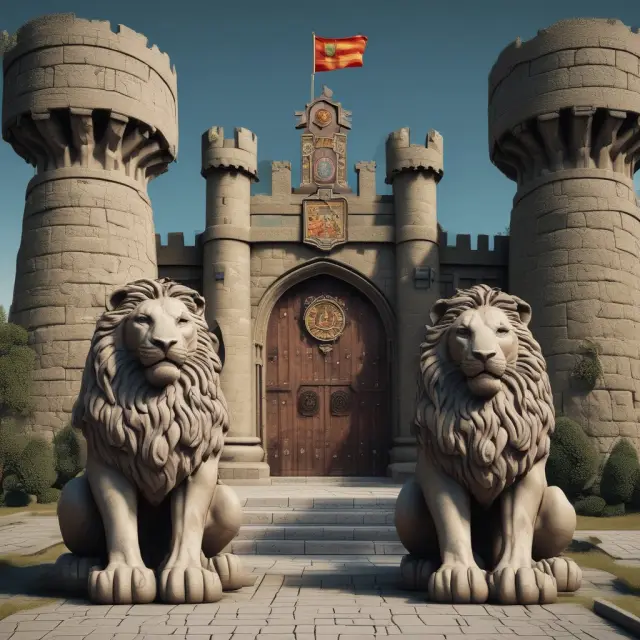 Image of a castle fortified by two lions holding shields inscribed with 2FA tokens - Institutional Investor Cybersecurity Protection.