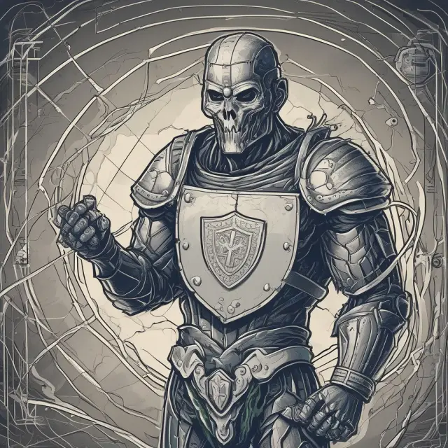An institution represented as a guardian holding a shield embellished with ethical principles, safeguarding against the chaos and risks of wire transfers