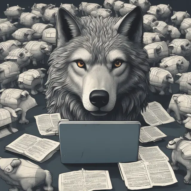 A cunning wolf disguised as an innocent sheep communicates through digital channels, symbolizing wire fraud.