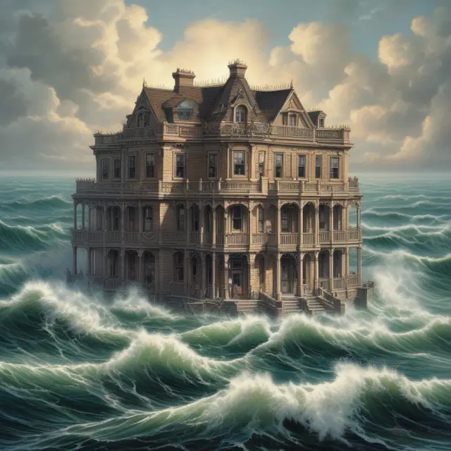 A wirehouse scene with mortgage-backed securities overwhelming the landscape, symbolizing the financial crisis