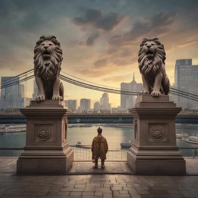 Two powerful lions protecting a bridge connecting traditional wirehouse industry with modern discount brokerages and online platforms.