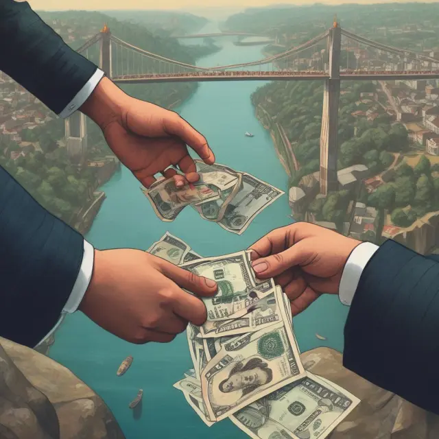 Image of a bridge connecting two continents symbolizing international wire transfer, hands exchanging currency and bank information