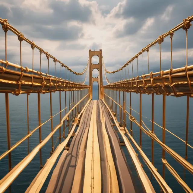 A golden bridge connecting various banking institutions signifies secure and reliable wire transfers for efficient institutional investments
