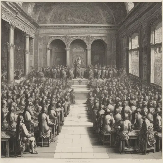 Aristotle and James Surowiecki, two intellectual giants, combining their wisdom at a feast to symbolize the evolution of the Wisdom of Crowds concept.