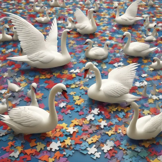Swans in flight above a spread of puzzle pieces, representing the collective intelligence that can surpass individual expertise