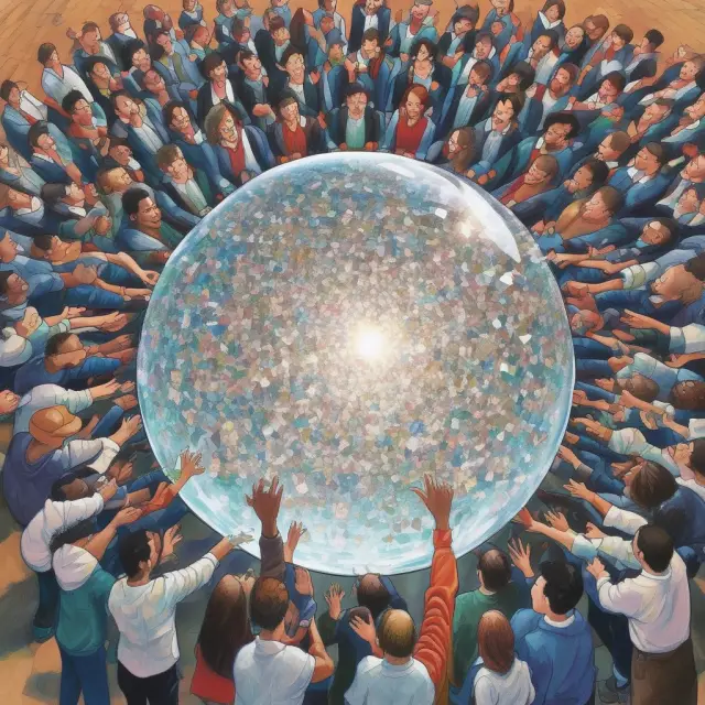 A crowd gathered around a crystal ball, exchanging puzzle pieces that symbolize diverse ideas and insights, enhancing collective wisdom.