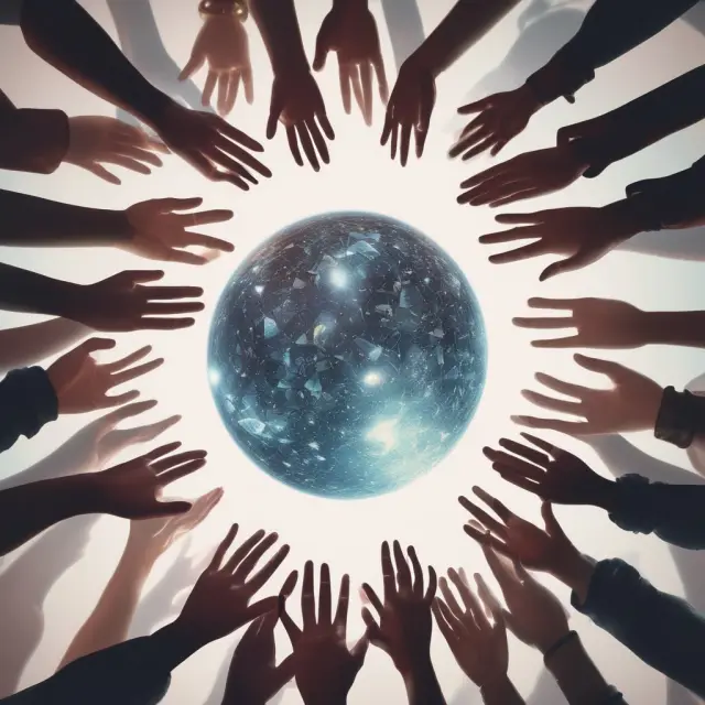 A group of diverse hands coming together to create a crystal ball, symbolizing the power and wisdom of crowds