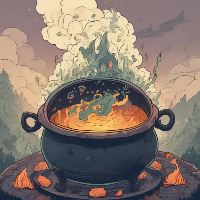 Cauldron filled with swirling stock symbols during a triple witching day, symbolizing market volatility