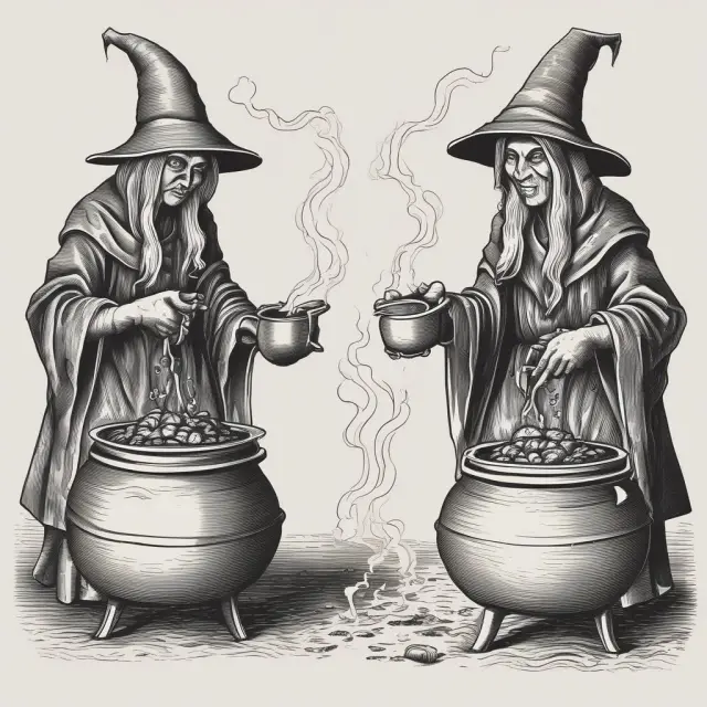 Metaphorical imagery: Two witches brewing cauldrons, one labeled 