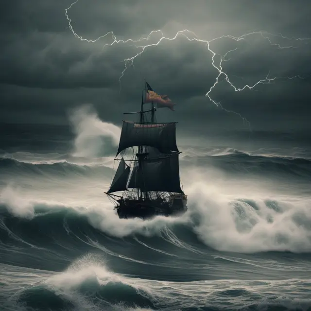A turbulent sea with a lighthouse in the distance, representing the witching hour and its potential for significant price swings and arbitrage opportunities