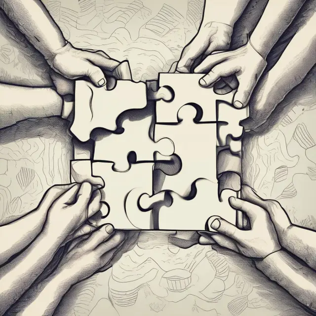Co-owners creating a joint tenancy agreement through interconnected puzzle pieces.