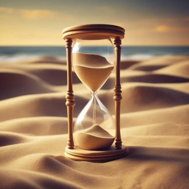 A golden hourglass representing retirement savings: DC as shifting sands, DB as a steady stream of benefits.