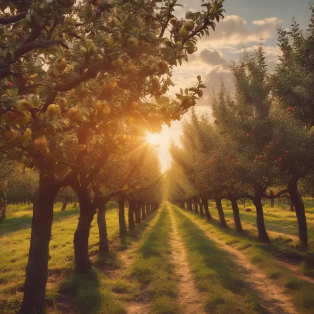 A golden sun setting over a ripe apple orchard represents retirement and the fruits of years of investment in employer-sponsored plans.