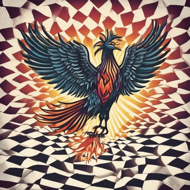 A mythical Phoenix rising from a 401(k) plan checkerboard, representing rollovers or transfers