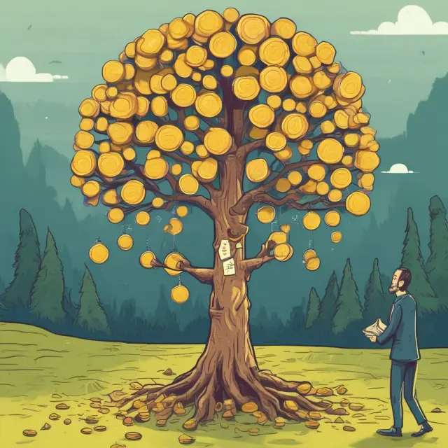 Image of a tree with gold coins in one hand and a pile of coins representing forfeited interest in the other, illustrating the trade-off of withdrawing funds early from a CD