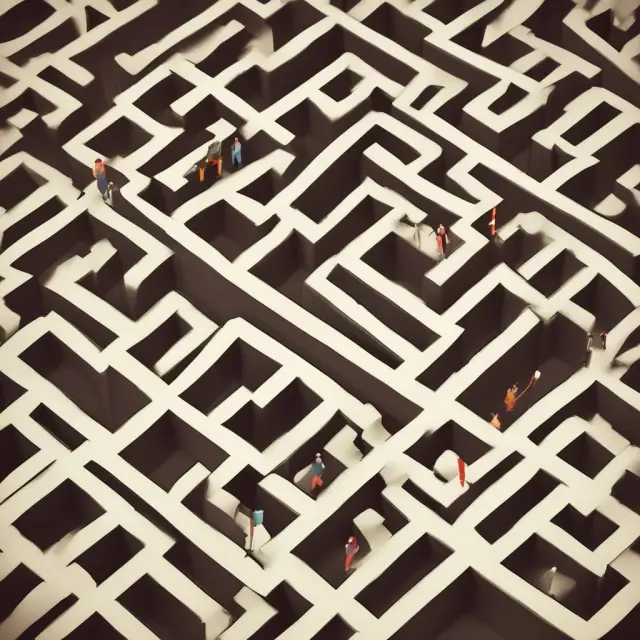 Golden coins in a maze illustrate potential IRA funds; taxing obstacles symbolize penalties and rules.