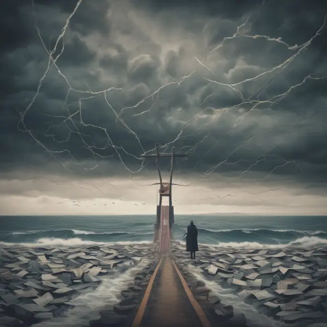 A person considers their options at a crossroads during a financial crisis, with hardship withdrawal as a potential lifeline amidst turbulent waters