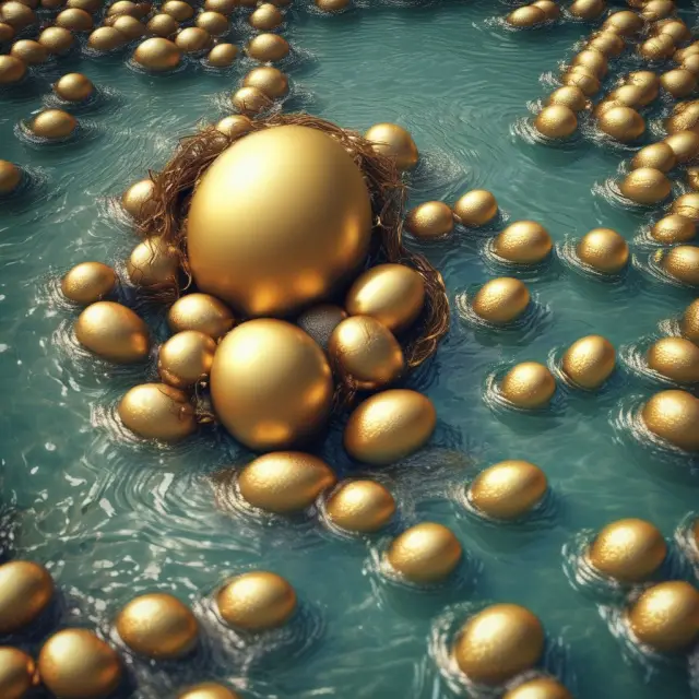 Golden eggs representing retirement funds flow steadily into a river symbolizing time and sustainability.