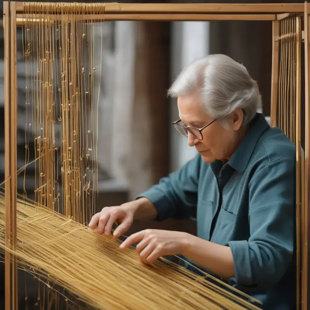 An elderly person skillfully crafting golden threads representing age, inflation rate, expected retirement expenses, and investment returns on a loom, symbolizing financial planning