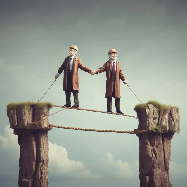 A retiree walks on a tightrope, representing the balance between managing retirement spending and maintaining investment growth.
