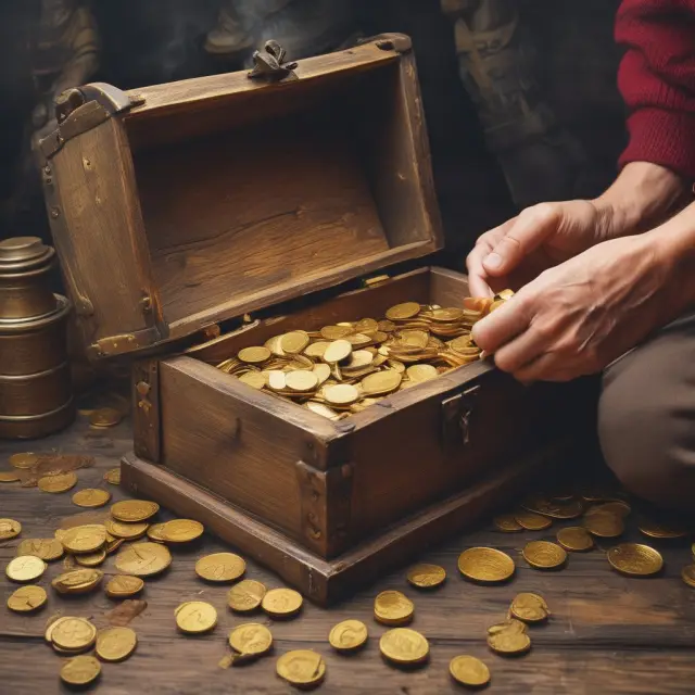 Retiree withdrawing gold coins from a treasure chest for a steady income stream, representing systematic withdrawal plans