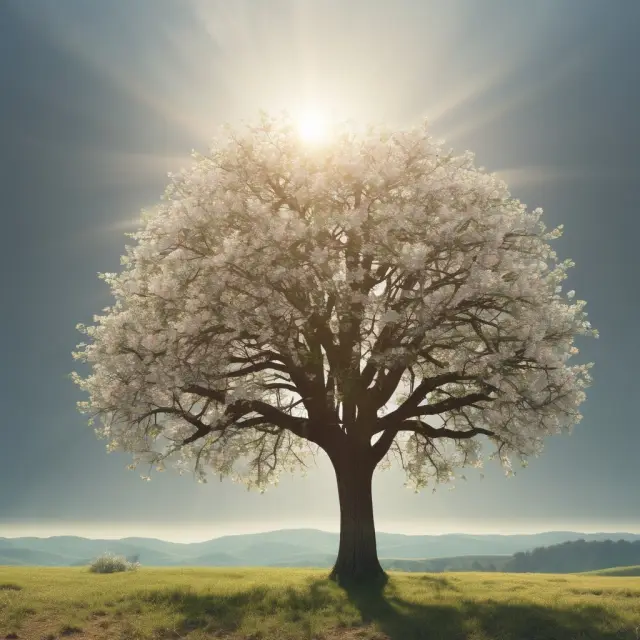 A tree in bloom, symbolizing the clearing up of doubts about withholding taxes with Form W-4 as its roots and sunbeams representing understanding