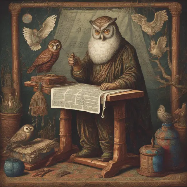 Taxpayer creating a tapestry representing financial decisions, guided by an owl symbolizing wisdom.