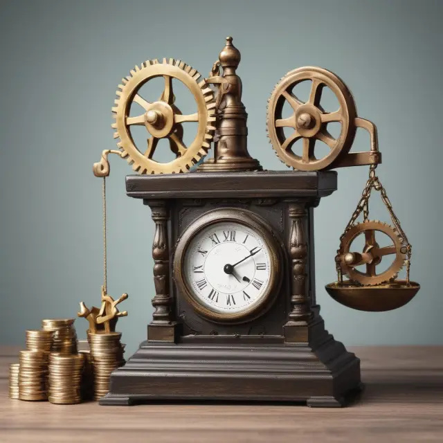 An old-fashioned scale balances tax forms against a clock with turning gears, emphasizing the significance of monitoring and adjusting withholding for accurate tax payments.