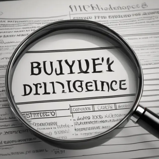 Buyer examining item with magnifying glass, symbolizing thorough evaluation and managing risks in sales without recourse.