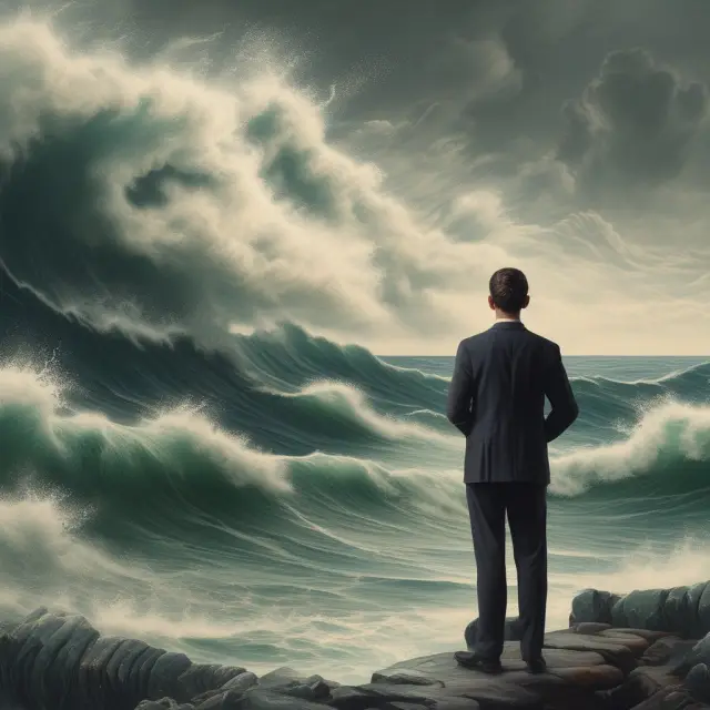 A trader scrutinizes the turbulent waters as fifth waves crash onto the shore, symbolizing potential breakouts in Wolfe Wave patterns