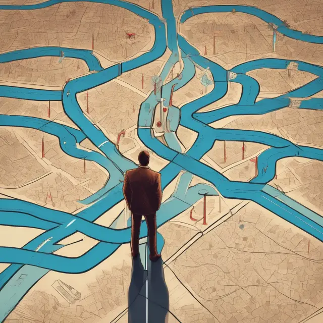 A trader ponders market risks and rewards while examining a map of volatile financial trends