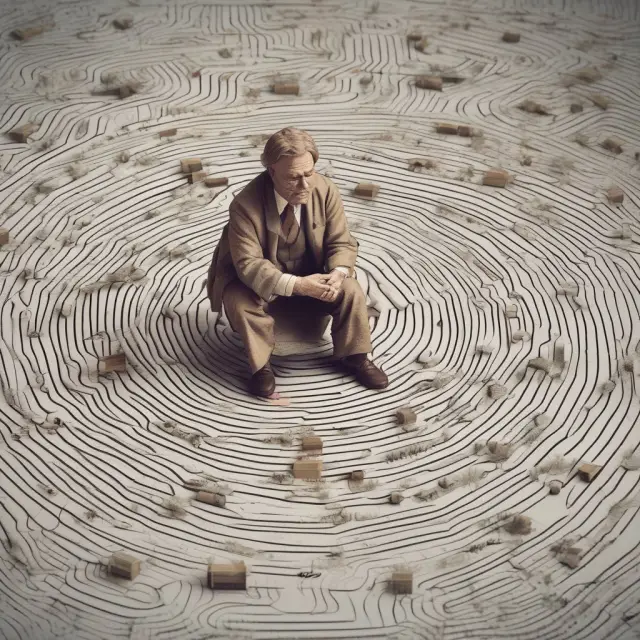 A pensive trader stands in front of complex chart formations, utilizing oscillators and trend indicators to navigate the intricacies of Wolfe Wave patterns.