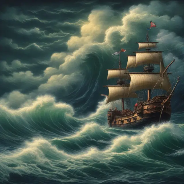 Three traders sailing through choppy waters with a focus on stock chart patterns, using Wolfe Wave indicators as their compass towards potential profits
