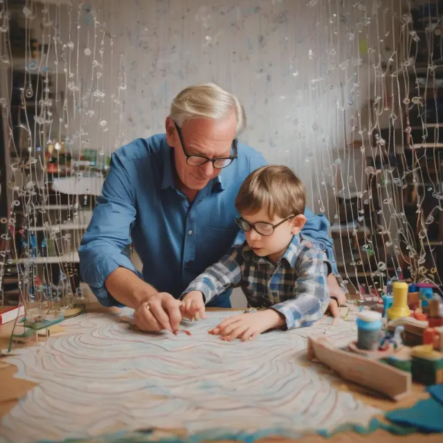 A father-son duo creating Wolfe Waves, illustrating market trends on an extensive body of financial data