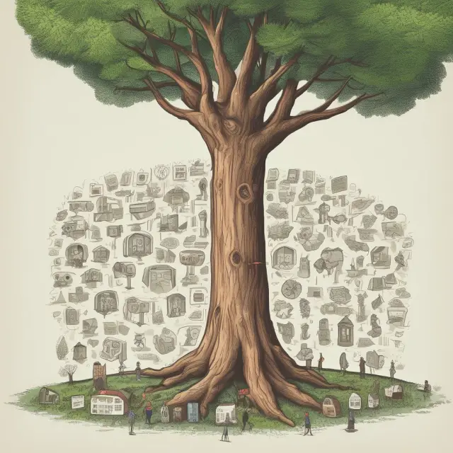 A tree growing tall with each new recommendation, symbolizing the growth of financial institutions through Word-of-Mouth Marketing.