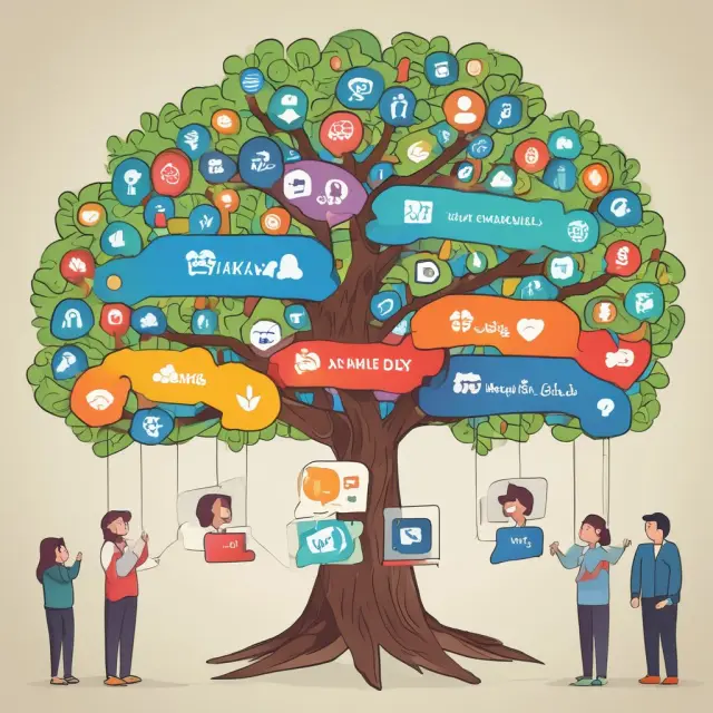 A tree flourishing with leaves representing word-of-mouth testimonials, branches extending towards social media platforms