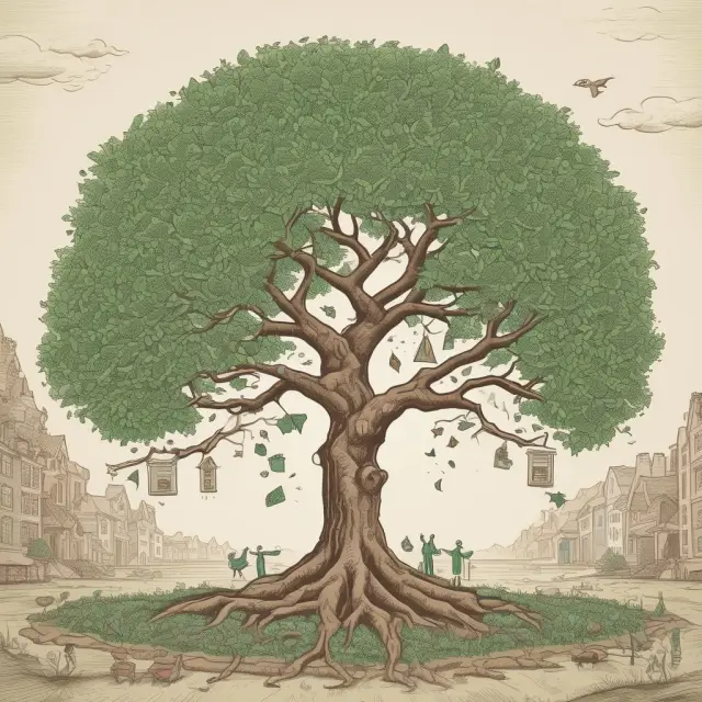 A forest of financial institutions flourishing with positive word-of-mouth marketing, symbolizing trust and growth