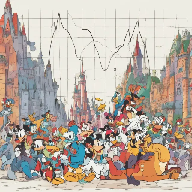 Disney stock chart with characters illustrating bullish divergence between price and Worden Stochastic indicator.