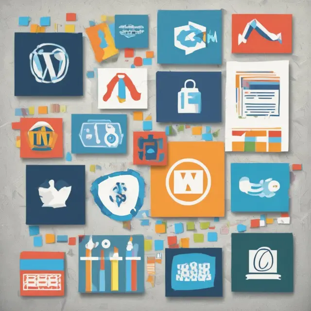 Vibrant mosaic displaying WordPress plugins symbolizing ecommerce (WooCommerce), SEO, forms, newsletters, social media, and design.