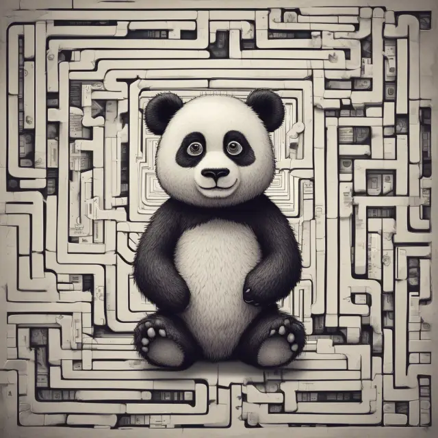 Panda-built WordPress site with maze of plugins and best practices, traversed by a user wearing a search engine explorer hat