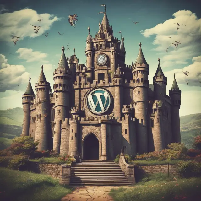 A sturdy WordPress logo fortress symbolizing effective marketing strategies through email campaigns and social media integration