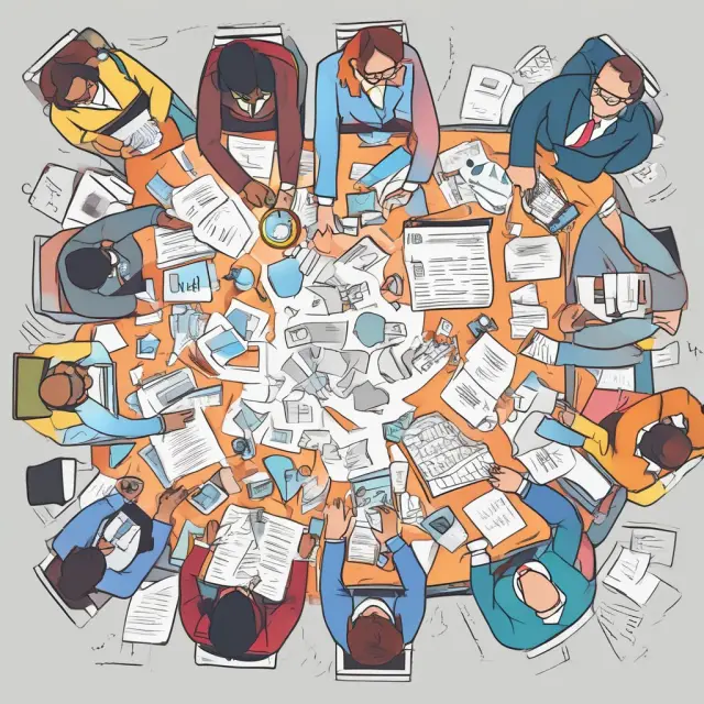 Workers in an office setting united around a table, utilizing shared resources to enhance collaboration