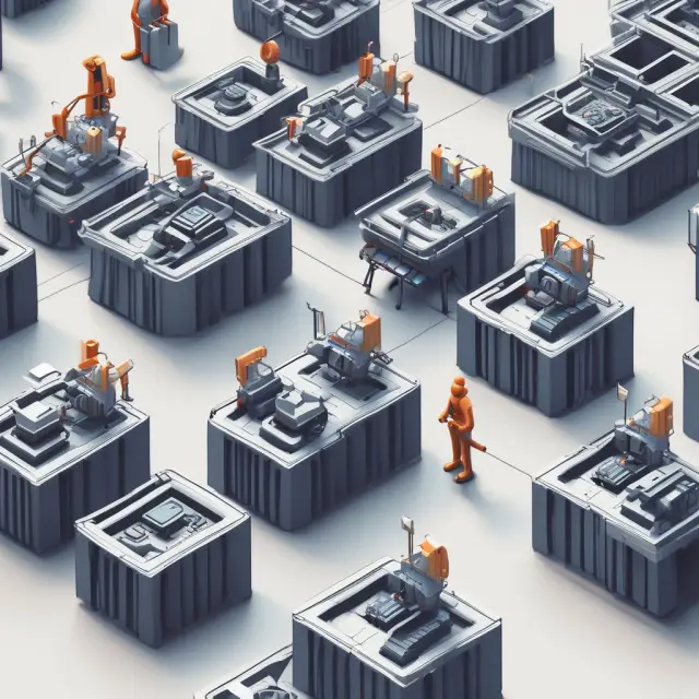 A visualization of machines rearranging to form a network of interconnected work cells, illustrating the continuous improvement and efficiency gains of lean manufacturing.