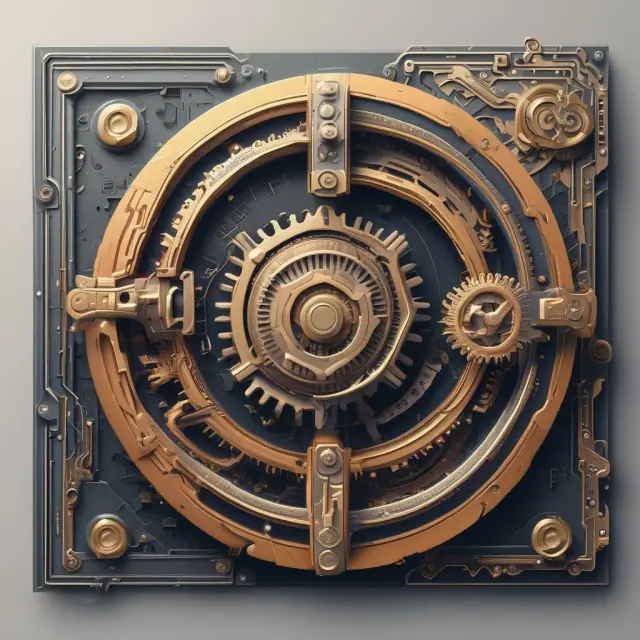 A scene of intricately designed digital gears interconnected inside a secure vault, representing the automation, security, and integration within digital work ticket systems.